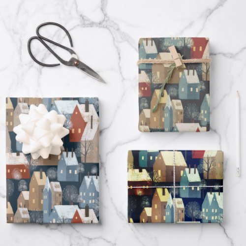 Nordic Modern Winter Town Cozy Houses Pattern Blue Wrapping Paper Sheets