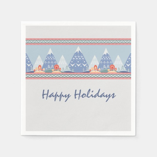 Nordic Mountain Scene Customizable Holiday Napkins (Front)