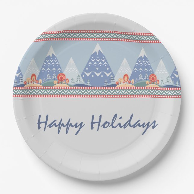 Nordic Mountain Scene Customizable Holiday Paper Plates (Front)