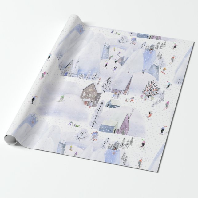 Nordic Mountain Snowy Skiing Village Wrapping Paper (Unrolled)