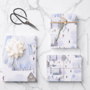 Nordic Mountain Snowy Skiing Village Wrapping Paper Sheets