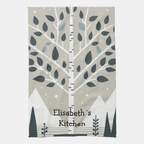 Nordic Mountains and Birch tree Kitchen Towel