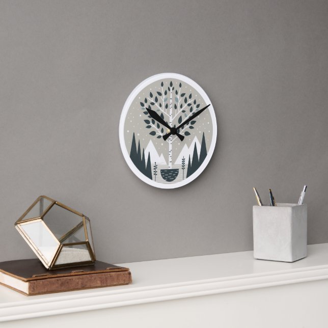 Nordic Mountains and Birch Tree Round Clock (Office)
