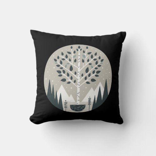 Nordic Mountains and Birch Tree Throw Pillow