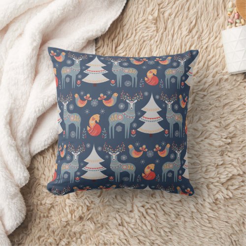 Nordic Navy Blue Christmas Reindeer Tree Floral Throw Pillow