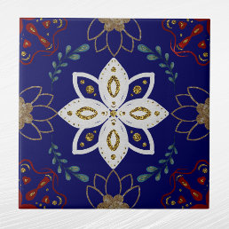 Nordic Navy Floral Design Watercolor Folk Art Ceramic Tile