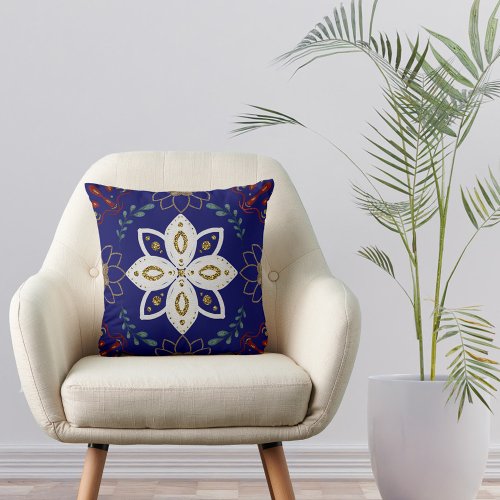 Nordic Navy Floral Design Watercolor Folk Art Throw Pillow