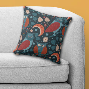 Nordic Night Owls Pattern on Blue Throw Pillow