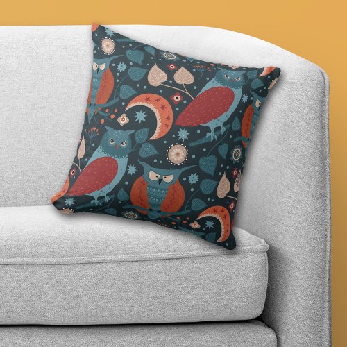 Nordic Night Owls Pattern on Blue Throw Pillow