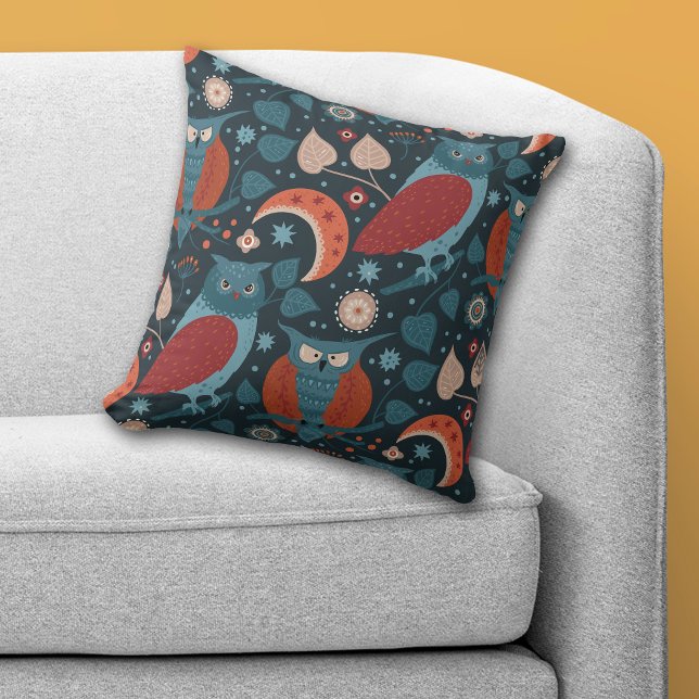 Nordic Night Owls Pattern on Blue Throw Pillow (Creator Uploaded)