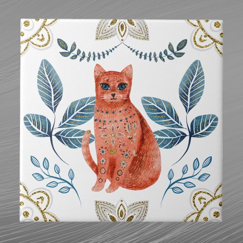 Nordic Orange Cat Watercolor Folk Art Ceramic Tile