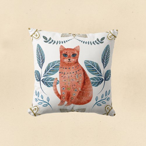 Nordic Orange Cat Watercolor Folk Art Throw Pillow
