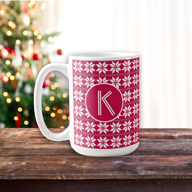 Nordic Pattern Crimson Red Customized Monogram Coffee Mug (Edit the mug with your initial.)