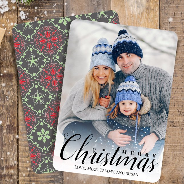 Nordic Pattern Multi Holiday Photo Card in grey (Merry Christmas holiday typography style greeting card)