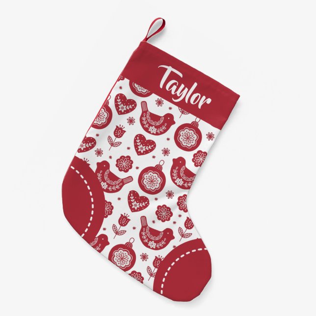 Nordic Pattern Personalized Red White Christmas Small Christmas Stocking (Front (Hanging))