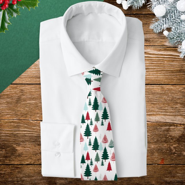 Nordic Pine Forest Christmas Pattern Men's Neck Tie (A festive Christmas tie with pine trees pattern in red, forest green and mint, on a white background)