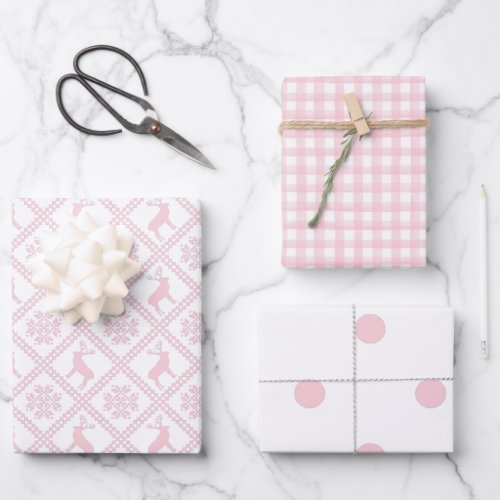 Nordic Polka Dots Plaid Baby Pink Christmas Wrapping Paper Sheets