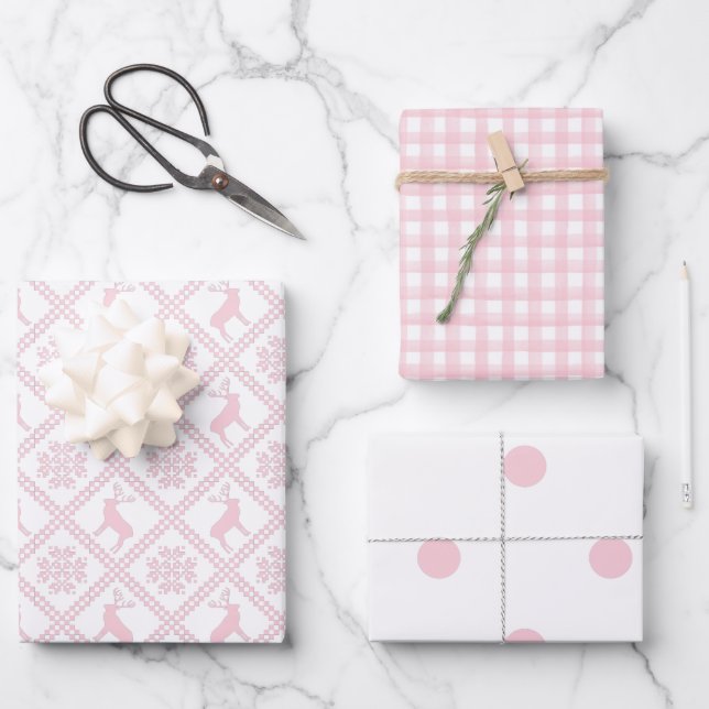 Nordic Polka Dots Plaid Baby Pink Christmas Wrapping Paper Sheets (Front)