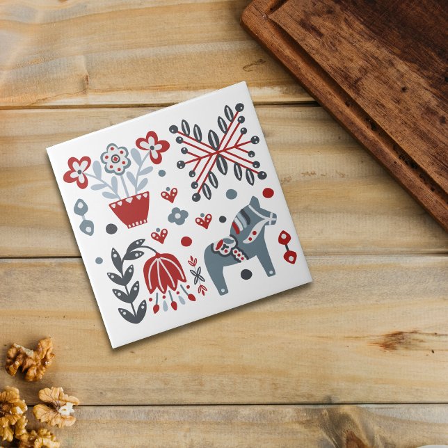 Nordic Pony and Floral Pattern in Gray and Red Ceramic Tile (Creator Uploaded)
