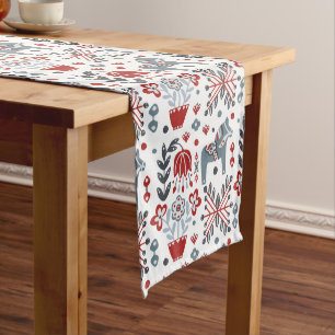 Nordic Pony and Floral Pattern in Gray and Red Medium Table Runner