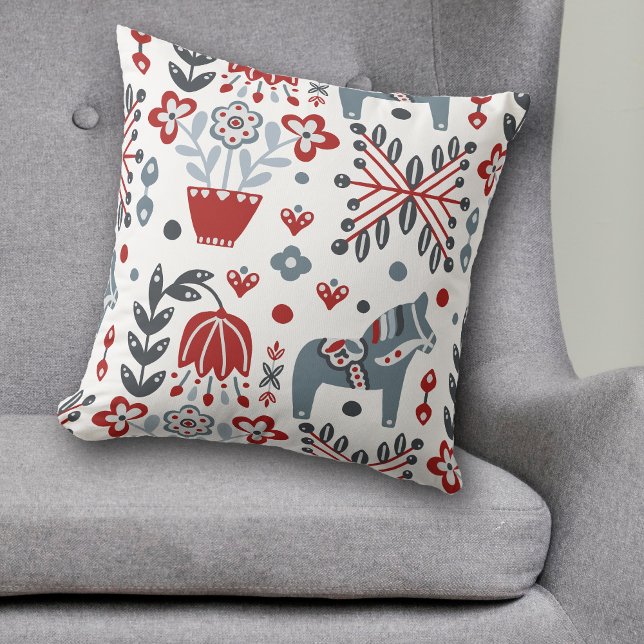 Nordic Pony and Floral Pattern in Gray and Red Throw Pillow (Creator Uploaded)