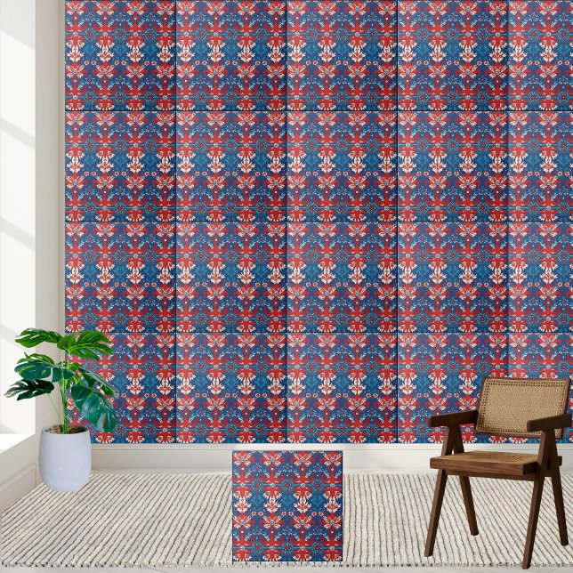 Nordic Red and Blue Floral Scandinavian Tile (Nordic Red and Blue Floral Scandinavian Tile)