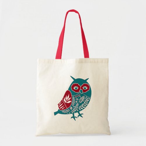 Nordic Red and Blue Vintage Floral Owl Tote Bag