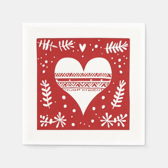 Nordic Red and White Christmas Heart  Napkins (Front)
