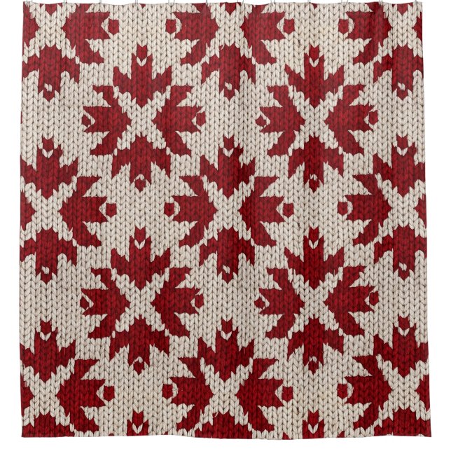 Nordic Red and White Knit Pattern – Classic Winter Shower Curtain (Front)