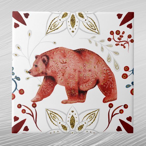 Nordic Red Bear Watercolor Folk Art Ceramic Tile