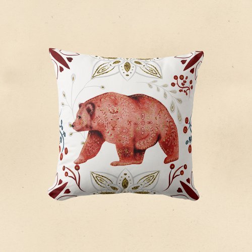 Nordic Red Bear Watercolor Folk Art Throw Pillow