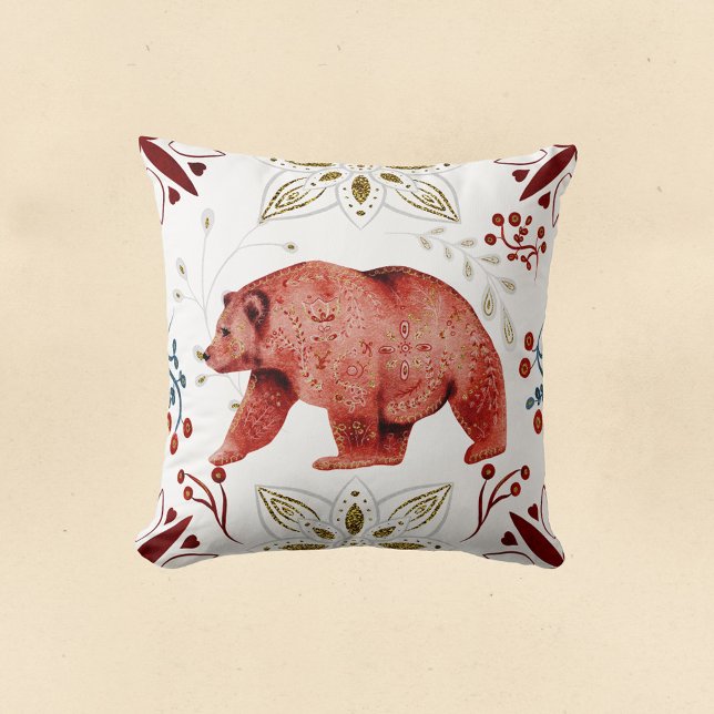 Nordic Red Bear Watercolor Folk Art Throw Pillow (Creator Uploaded)