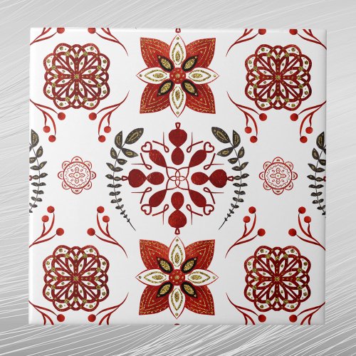 Nordic Red Blue Gold Floral Pattern Graphic Ceramic Tile
