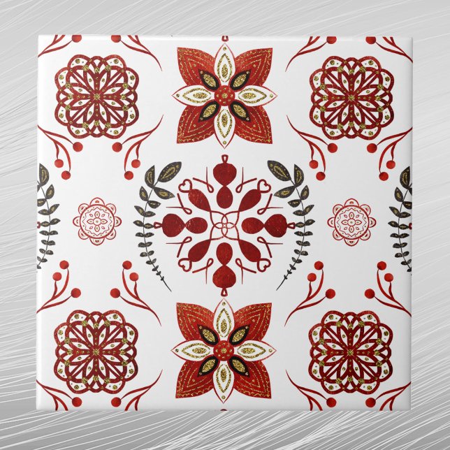 Nordic Red Blue Gold Floral Pattern Graphic Ceramic Tile (Creator Uploaded)