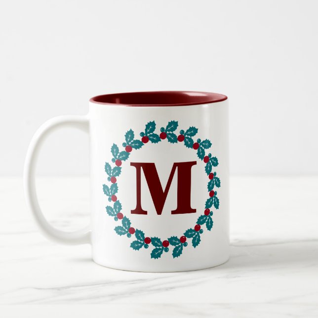 Nordic Red Blue Holiday Wreath Monogram Initial  Two-Tone Coffee Mug (Left)
