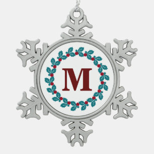 Nordic Red Blue Vintage Wreath Monogram Snowflake Pewter Christmas Ornament