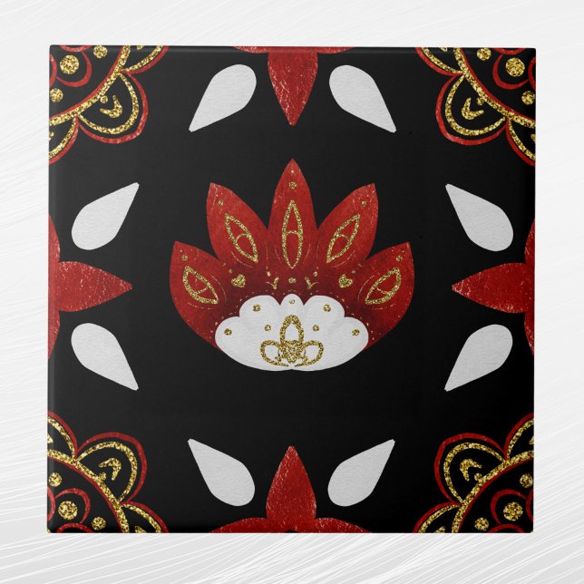 Nordic Red Gold Scandinavian Graphic Black Ceramic Tile (Creator Uploaded)