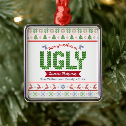 Nordic Red Green Knit Ugly Sweater Christmas Tacky Metal Ornament