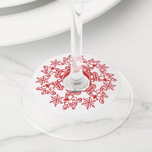 Nordic Red Reindeer and Snowflake Christmas Wine Glass Tag