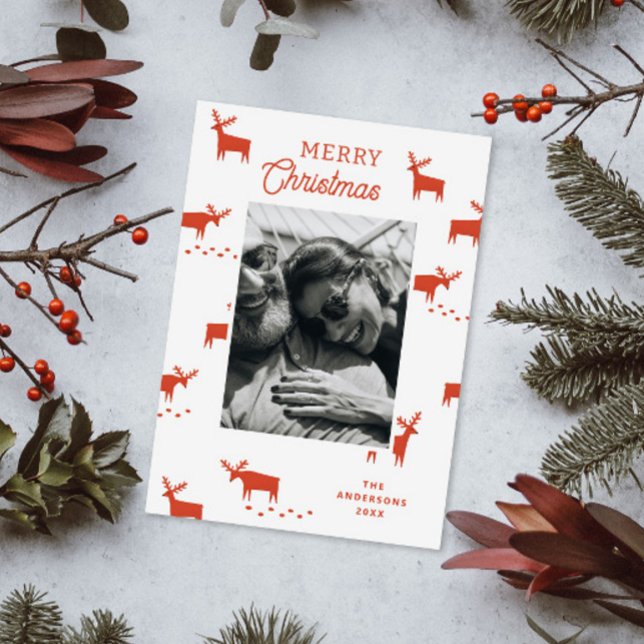Nordic Red Reindeer. Modern Christmas Family Photo Holiday Card (Creator Uploaded)