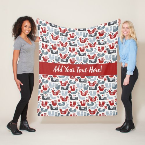 Nordic Red White Black Charcoal Gray Birds Fleece Blanket