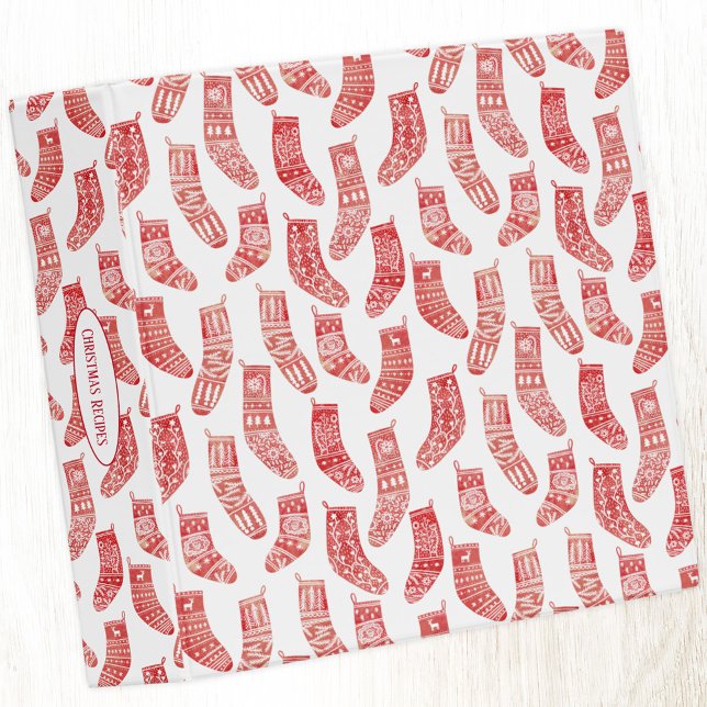 Nordic Red & White Christmas Stockings Custom Text 3 Ring Binder (Scandinavian Christmas stocking pattern red and white custom text three ring binder)