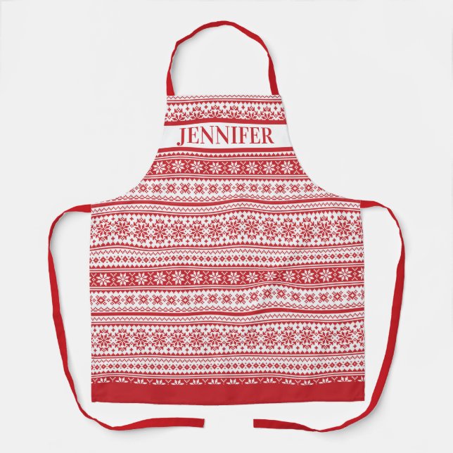 Nordic Red White Traditional Holiday Personalized  Apron (Front)