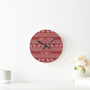 Nordic Reindeer Christmas Knit Personalized Round Clock