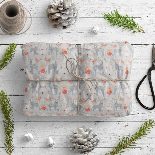 Nordic Reindeer Christmas Tree Floral Gray  Wrapping Paper
