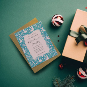 Nordic Reindeer Floral   Blush on Teal Christmas  Invitation