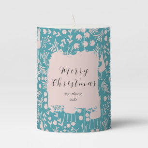 Nordic Reindeer Floral Blush on Teal Christmas Pillar Candle