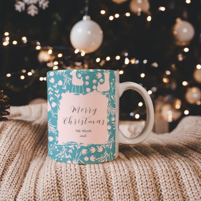 Nordic Reindeer Floral | Blush on Teal Christmas  Two-Tone Coffee Mug (Creator Uploaded)