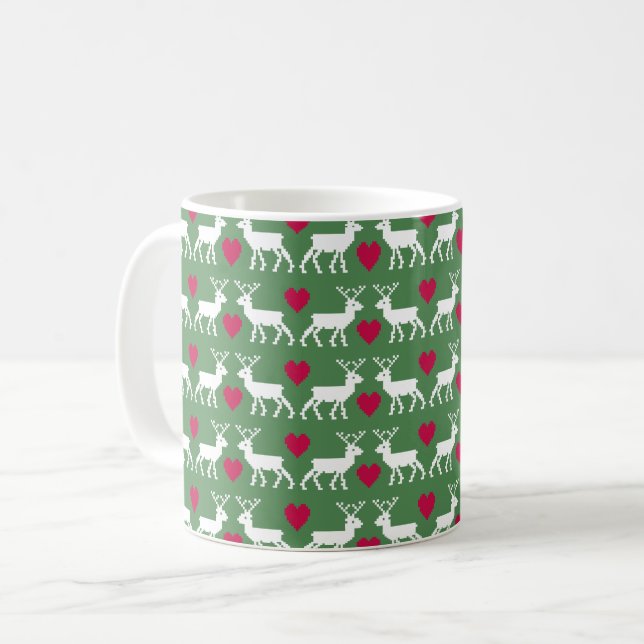 Nordic Reindeer & Hearts Pattern Coffee Mug (Front Left)