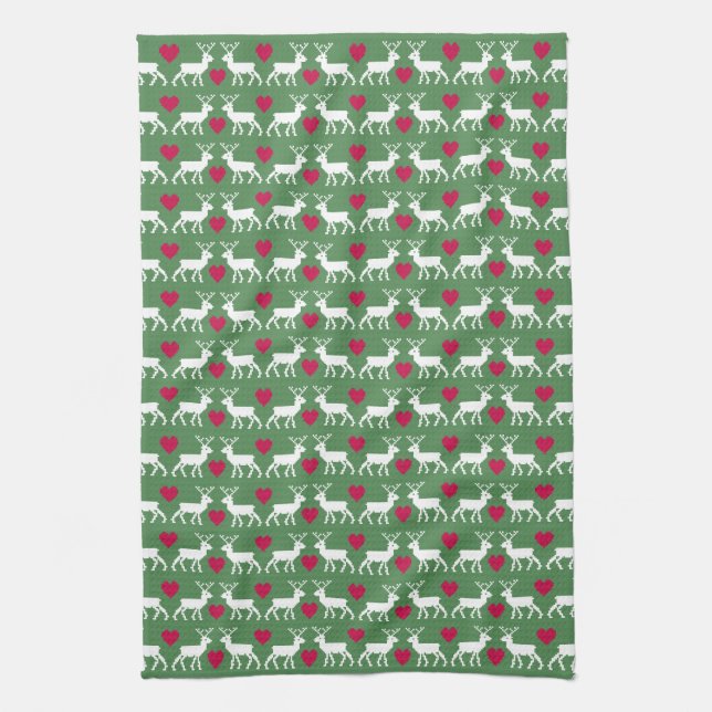 Nordic Reindeer & Hearts Pattern Kitchen Towel (Vertical)